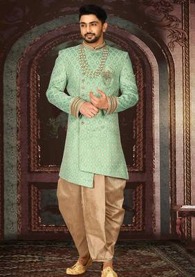 Green anghrakha pattern work with fawn pipe in indo western 1