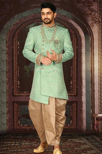 Green anghrakha pattern work with fawn pipe in indo western