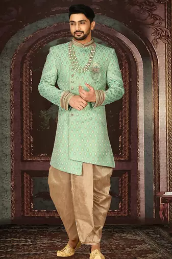 Green anghrakha pattern work with fawn pipe in indo western