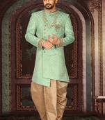 Green anghrakha pattern work with fawn pipe in indo western