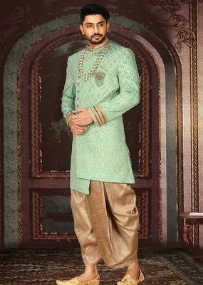 Green anghrakha pattern work with fawn pipe in indo western 3
