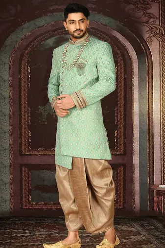 Green anghrakha pattern work with fawn pipe in indo western