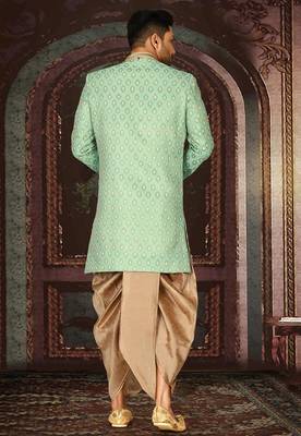 Green anghrakha pattern work with fawn pipe in indo western 4