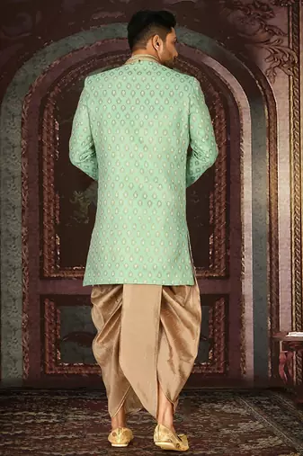 Green anghrakha pattern work with fawn pipe in indo western
