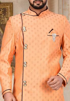 Orange  anghrakha pattern work with mahroon pipe in indo western 2