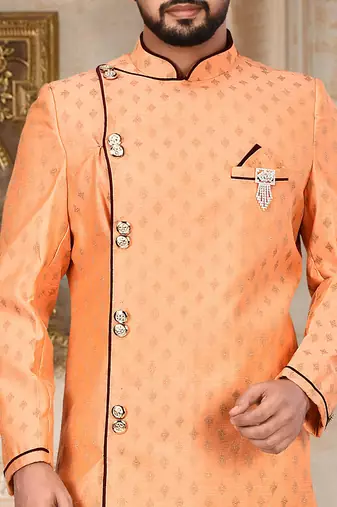 Orange  anghrakha pattern work with mahroon pipe in indo western