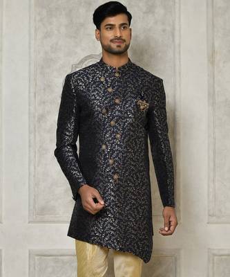Navy blue anghrakha pattern work indo western 1