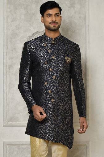 Navy blue anghrakha pattern work indo western