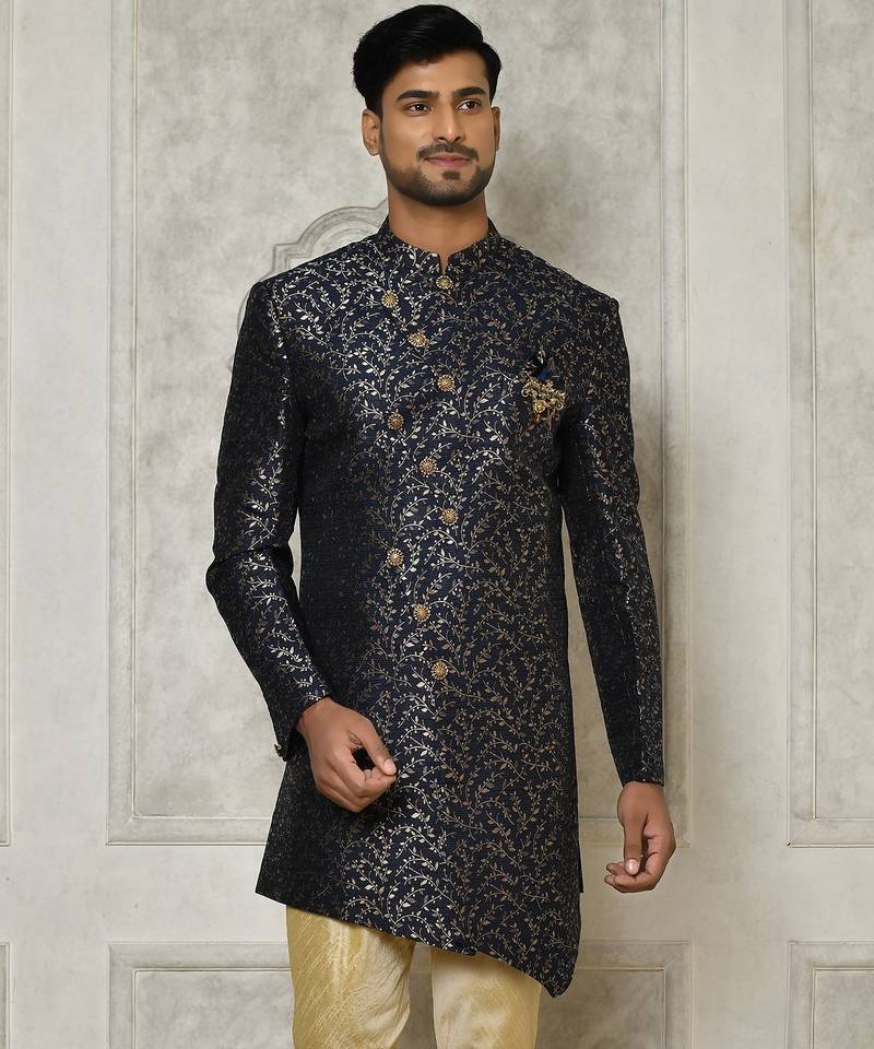 Navy blue anghrakha pattern work indo western