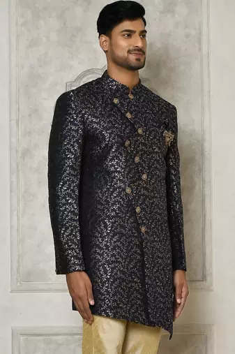 Navy blue anghrakha pattern work indo western