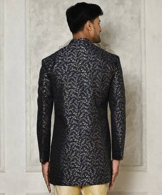 Navy blue anghrakha pattern work indo western 3