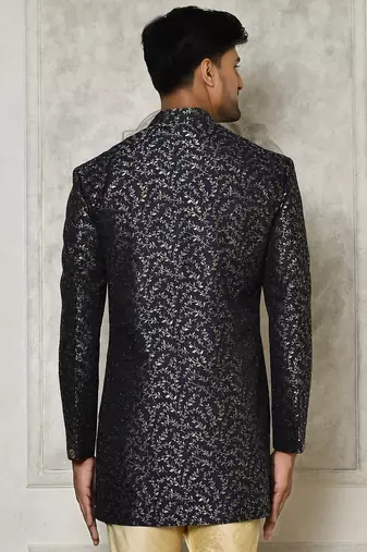 Navy blue anghrakha pattern work indo western