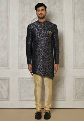 Navy blue anghrakha pattern work indo western 1
