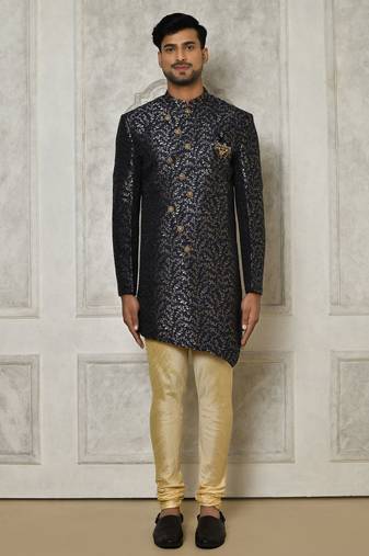 Navy blue anghrakha pattern work indo western