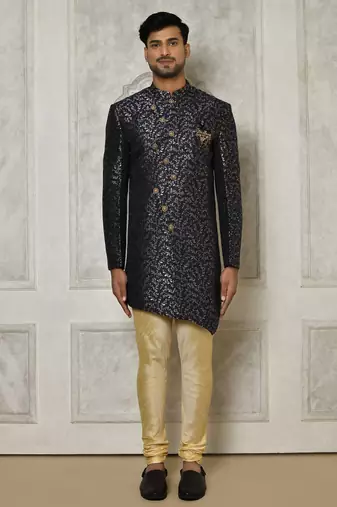 Navy blue anghrakha pattern work indo western