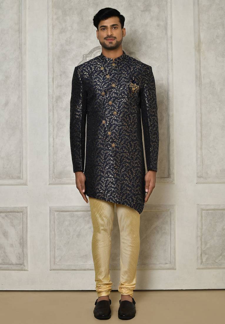 Navy blue anghrakha pattern work indo western