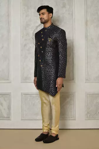 Navy blue anghrakha pattern work indo western
