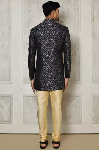 Navy blue anghrakha pattern work indo western