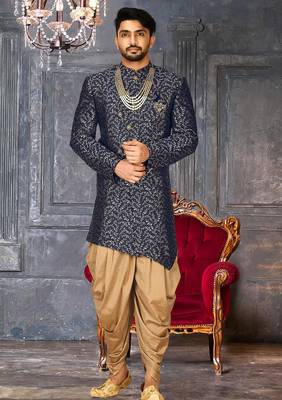 Navy blue anghrakha pattern work indo western 1
