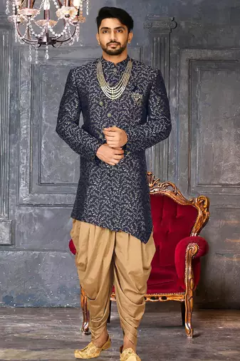 Navy blue anghrakha pattern work indo western