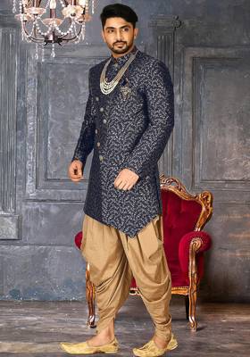 Navy blue anghrakha pattern work indo western 3
