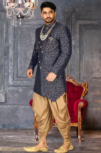 Navy blue anghrakha pattern work indo western