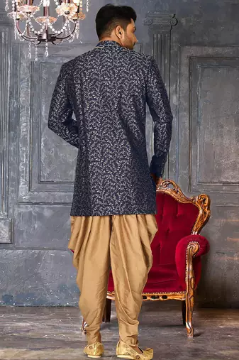 Navy blue anghrakha pattern work indo western