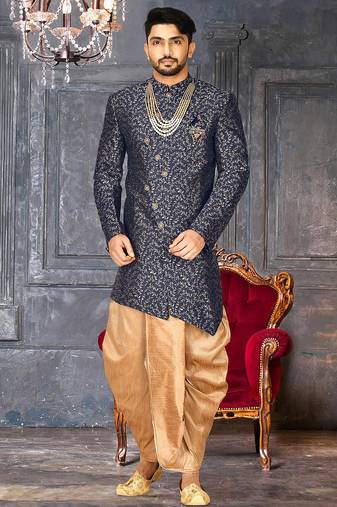 Navy blue anghrakha pattern work indo western