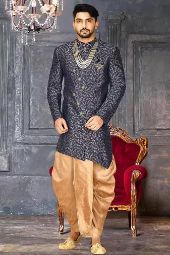 Navy blue anghrakha pattern work indo western