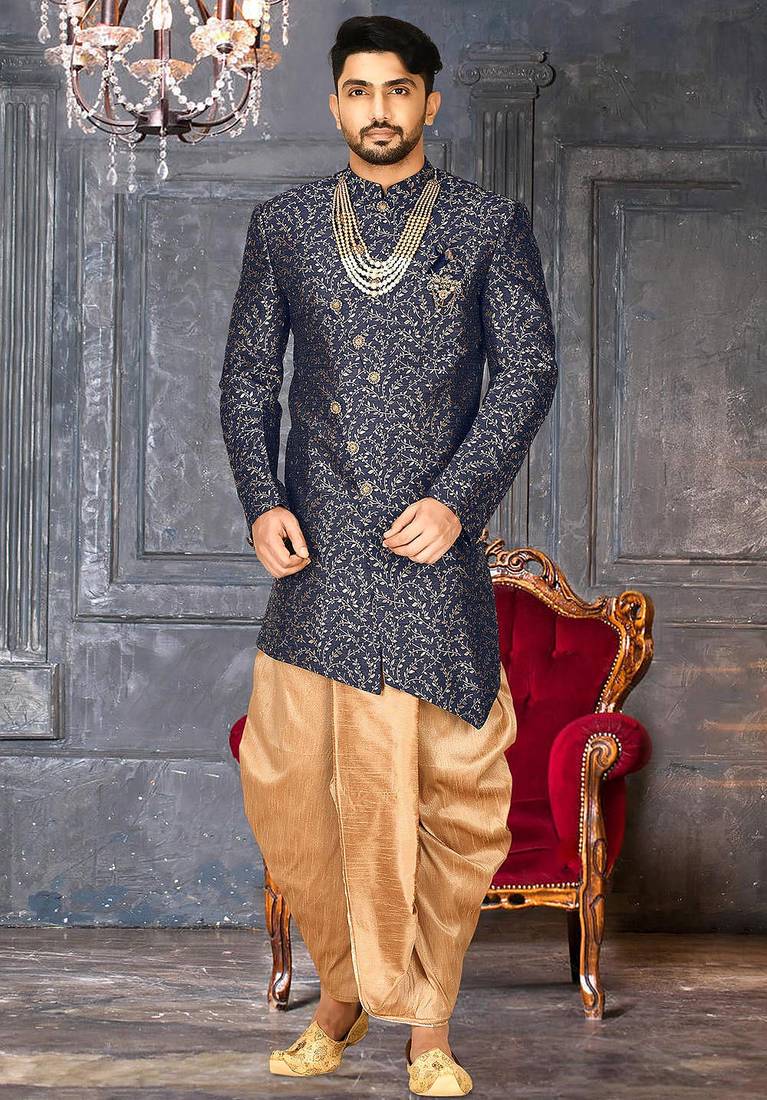 Navy blue anghrakha pattern work indo western