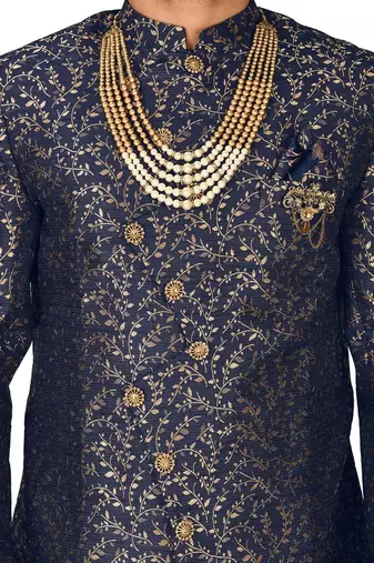 Navy blue anghrakha pattern work indo western