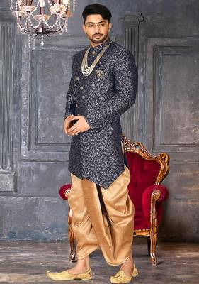 Navy blue anghrakha pattern work indo western 3
