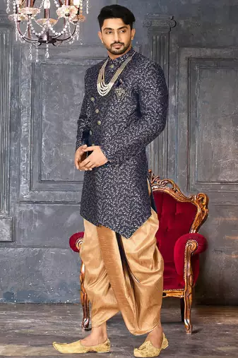 Navy blue anghrakha pattern work indo western