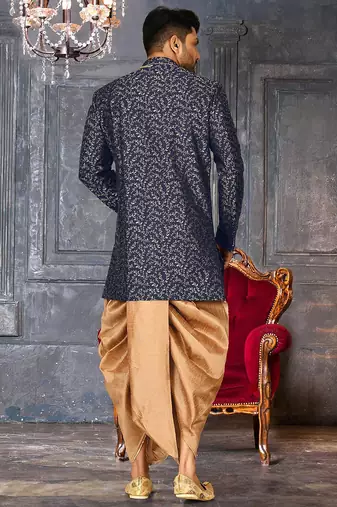 Navy blue anghrakha pattern work indo western