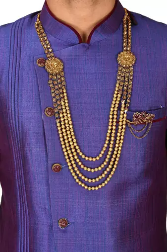 Royal blue anghrakha pattern work with mahroon pipe in indo western