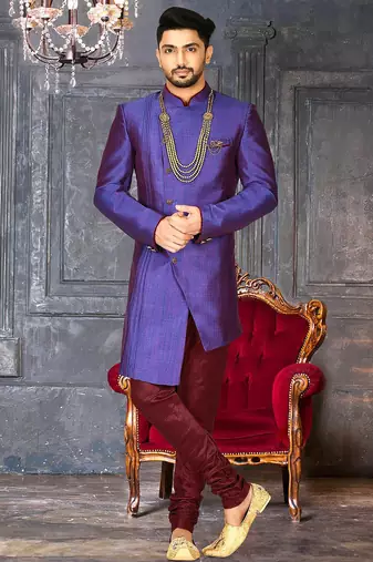 Royal blue anghrakha pattern work with mahroon pipe in indo western