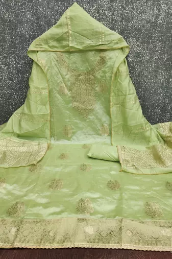 Elegant light green zari woven unstitched salwar suit with dupatta