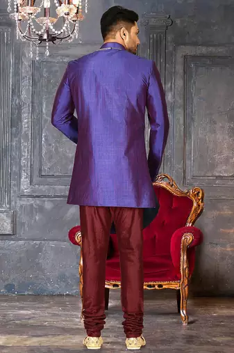 Royal blue anghrakha pattern work with mahroon pipe in indo western