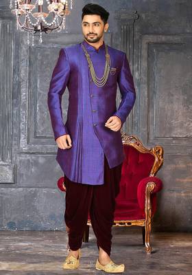 Royal blue anghrakha pattern work with mahroon pipe in indo western 1