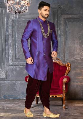 Royal blue anghrakha pattern work with mahroon pipe in indo western 3