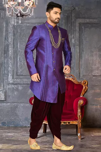 Royal blue anghrakha pattern work with mahroon pipe in indo western