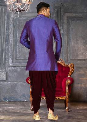 Royal blue anghrakha pattern work with mahroon pipe in indo western 4