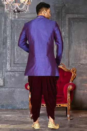 Royal blue anghrakha pattern work with mahroon pipe in indo western