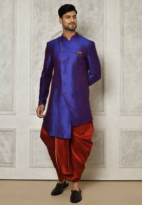 Royal blue anghrakha pattern work with mahroon pipe in indo western 2