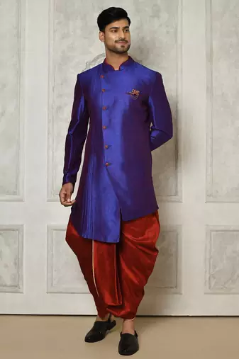 Royal blue anghrakha pattern work with mahroon pipe in indo western