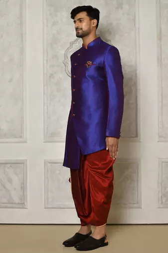 Royal blue anghrakha pattern work with mahroon pipe in indo western