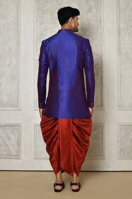Royal blue anghrakha pattern work with mahroon pipe in indo western 4