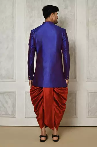 Royal blue anghrakha pattern work with mahroon pipe in indo western
