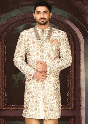 Cream dupion arts silk straight design with emb all over work indo western 1