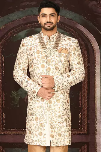 Cream dupion arts silk straight design with emb all over work indo western